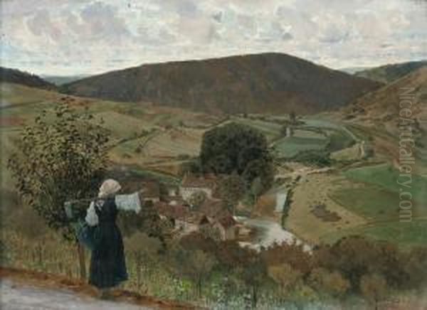 A Farmworker Overlooking Wertheim Oil Painting by Hans Meyer