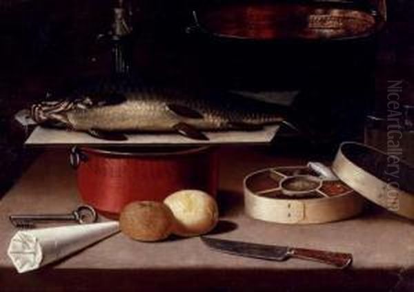 A Fish On A Board, Copper Pots, Lemons, A Key, A Box Of Spices And Other Objects, On A Tabletop Oil Painting by Hans Georg Meyer