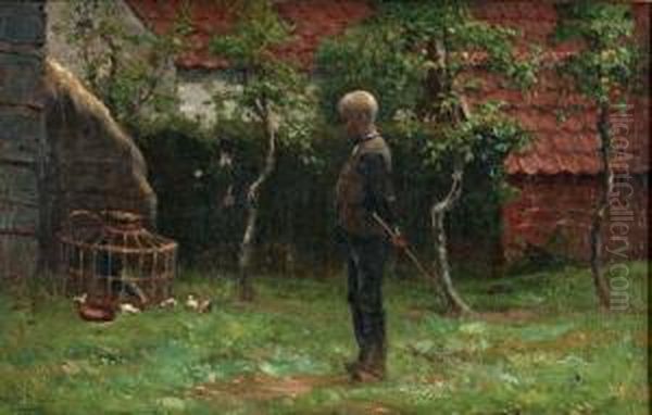 Boerenjongen Met Kip En Kuikens Oil Painting by Isodore Meyer