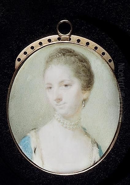 A Lady, Wearing Ermine-trimmed Blue Open Robe, Choker Of Crossed Strands Of Pearls, Drop Pearl Earring And Pearls In Her Upswept Hair Oil Painting by Jeremiah Meyer