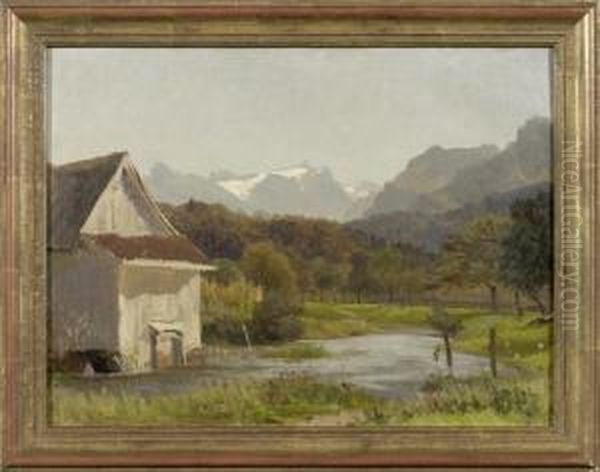 Landscape With A Pond And A Mountain Range Oil Painting by Jost Meyer-Am Rhyn