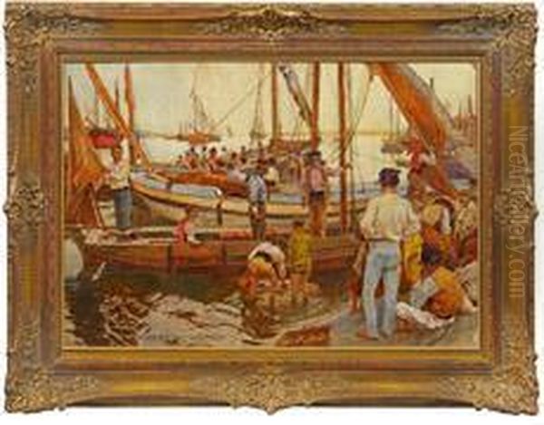 Belebteritalienischer Fischerhafen Oil Painting by Kunz Meyer-Waldeck