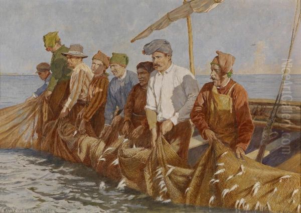 Fishermen Pulling In Their Catch Oil Painting by Kunz Meyer-Waldeck