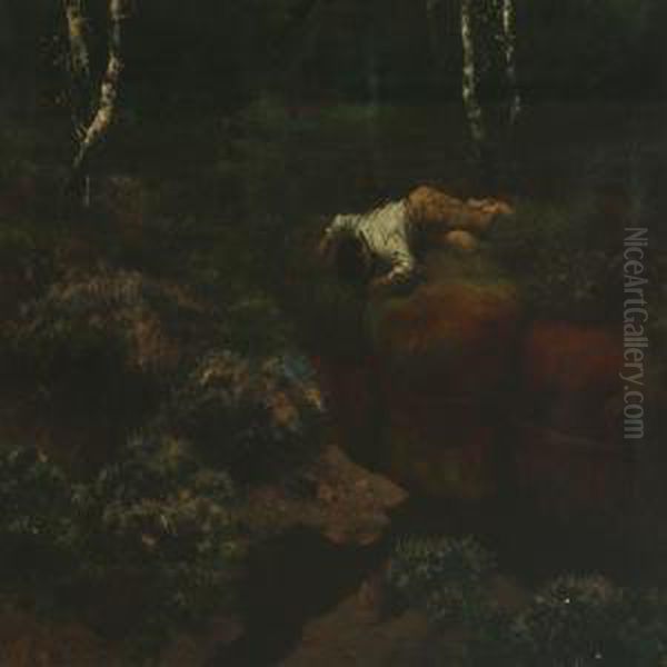 A Boy By A Creekin A Forest Oil Painting by Kunz Meyer-Waldeck