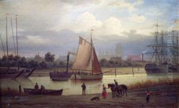 Shipping On An Estuary 
 With Figures And Distant Town Oil Painting by Hermann Meyerheim