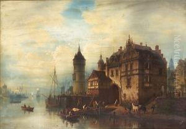 A Town On A River With Figures Gathered On The Bank And Shipping Beyond Oil Painting by Hermann Meyerheim