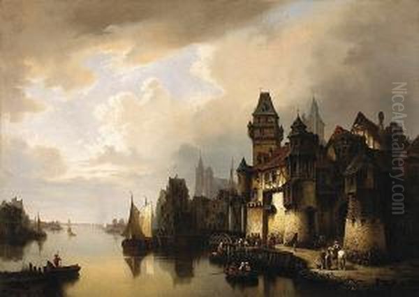 A Town On A Canal With Figures And Boats In The Foreground Oil Painting by Hermann Meyerheim