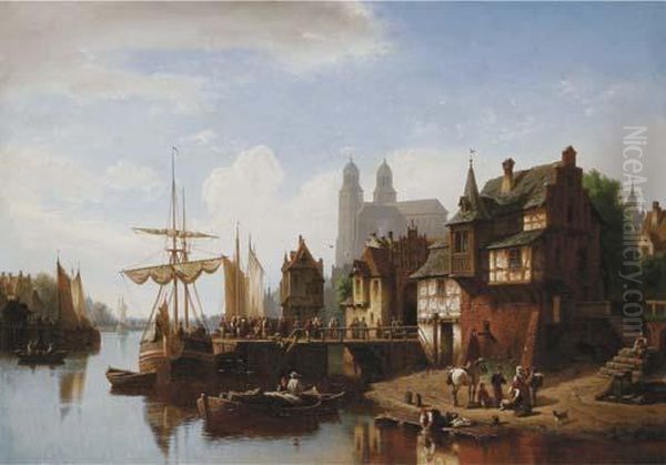 A Busy Quay In A German Town Oil Painting by Hermann Meyerheim