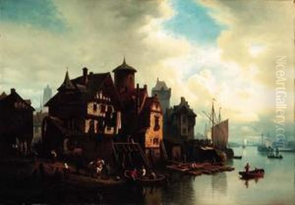 A Harbor Village Oil Painting by Hermann Meyerheim