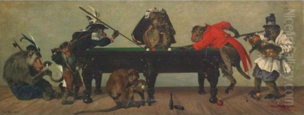 Monkeys Playing Billiards Oil Painting by Paul Friedrich Meyerheim