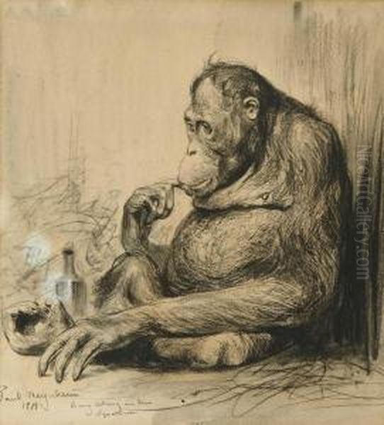 Hockender Orang Utan. Oil Painting by Paul Friedrich Meyerheim