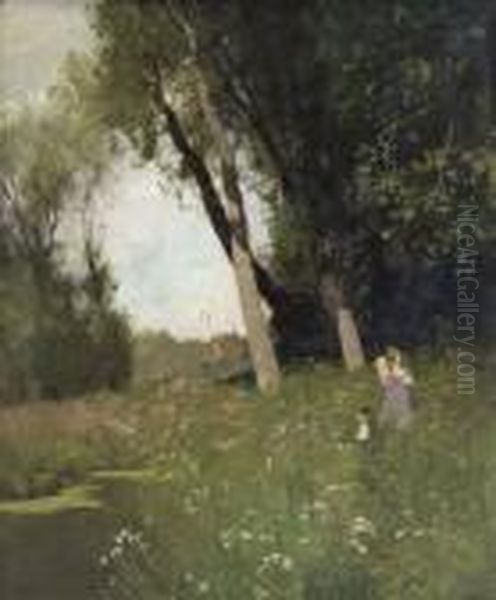 Kinder Am Dorfweiher Oil Painting by Robert Gustave Meyerheim