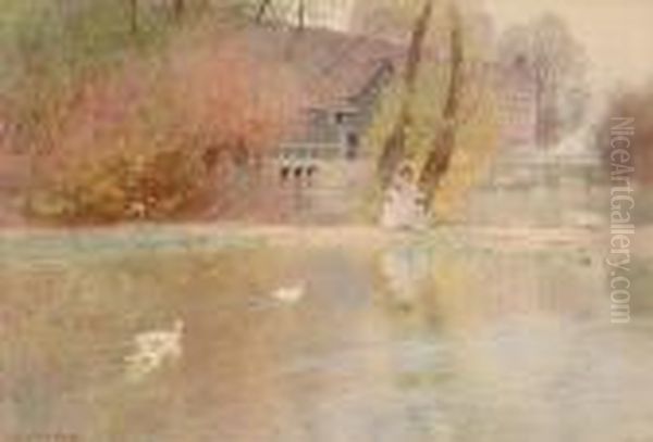 Children By A Pond Oil Painting by Robert Gustave Meyerheim