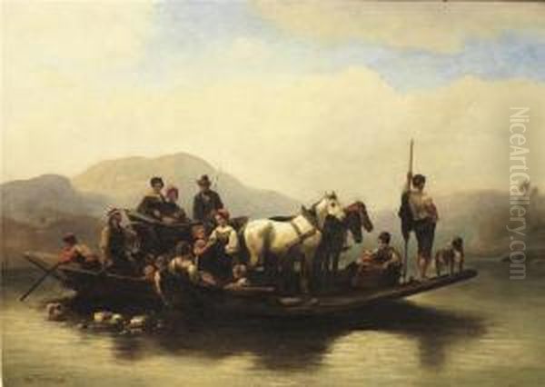 Flosuberfahrt Mit Kindern, Bauern Und Tieren Oil Painting by Wilhelm Alexander Meyerheim