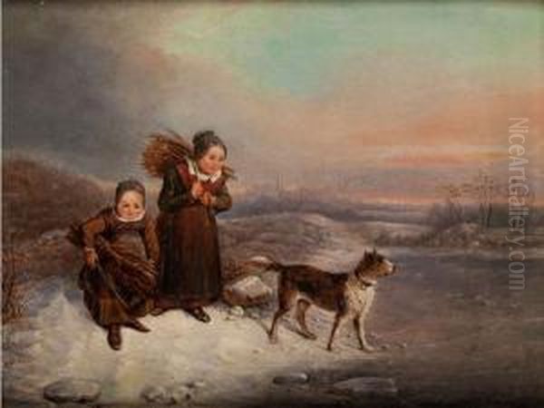 Zwei Madchen Beim Reisigsammeln In Winterlandschaft Mit Einem Hund Oil Painting by Wilhelm Alexander Meyerheim