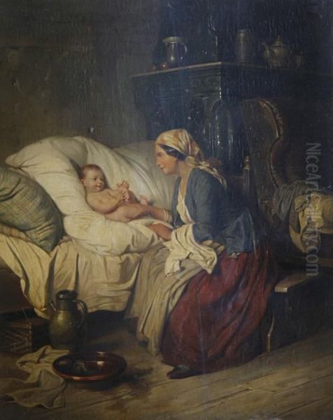 Mother And Baby In An Interior Oil Painting by Wilhelm Alexander Meyerheim