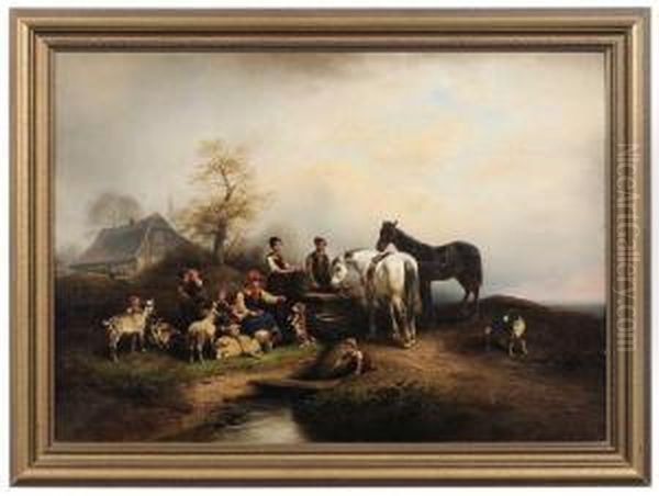 Family Gathering In A Pastoral Landscape Oil Painting by Wilhelm Alexander Meyerheim