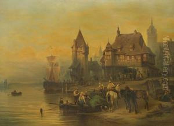 Harbour Scene Oil Painting by Wilhelm Alexander Meyerheim