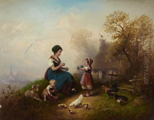 Junge Bauerin Mit Ihren Kindern Oil Painting by Wilhelm Alexander Meyerheim