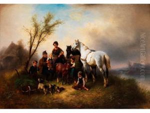 Bauerliche Familie Am Flussufer Oil Painting by Wilhelm Alexander Meyerheim