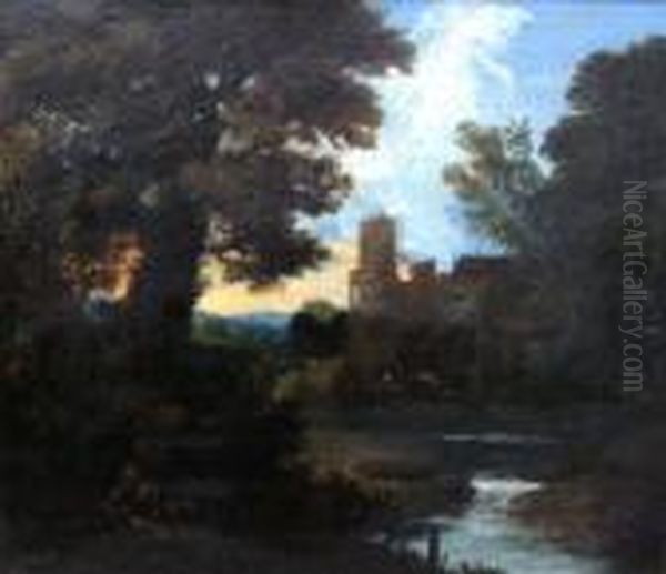 Figure In An Italianate River Landscape With A Castle Oil Painting by Aelbert Meyeringh