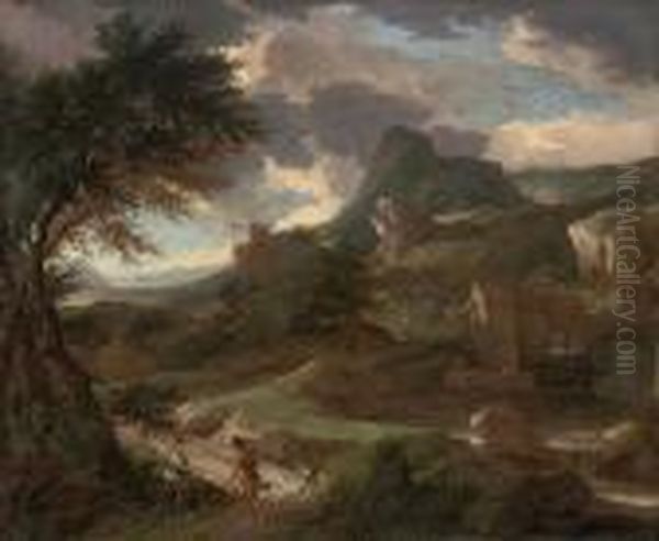 A Mountainous Wooded Landscape With A Shepherd And A Shepherdess On A Track Oil Painting by Aelbert Meyeringh