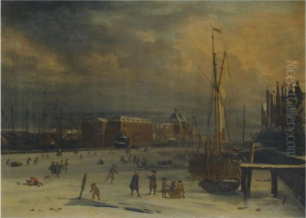 Amsterdam, A View Of The 's Lands Zeemagazijn In Winter Oil Painting by Aelbert Meyeringh