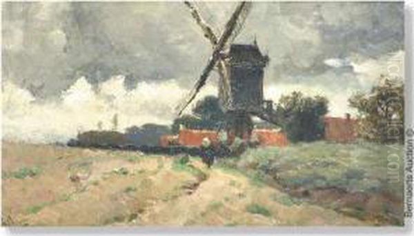 Woman Onwoodpath Near Windmill Oil Painting by Isidore Meyers