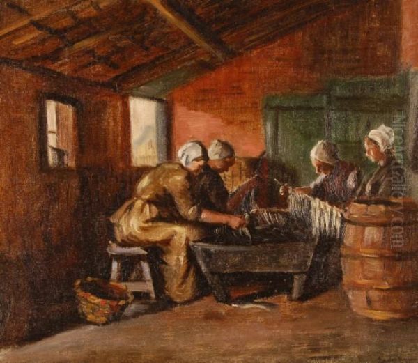 Women Working In A Fish Smokery Oil Painting by Charles Mezzara