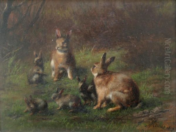 Hares With Leverets Oil Painting by Jeanne Micas