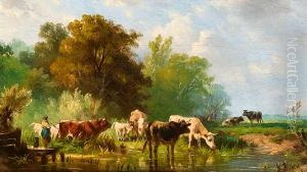 Tableau Vivant - Cows Watering At A Stream, A Pair Oil Painting by Gerrit Jan Michaelis