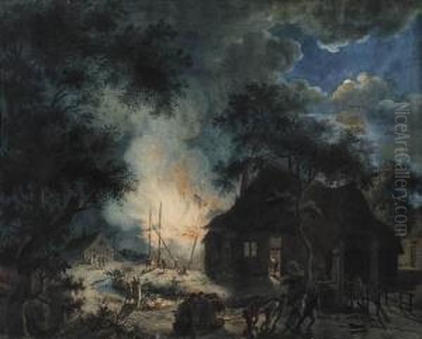 Fire In A Haystack Oil Painting by Gerrit Jan Michaelis