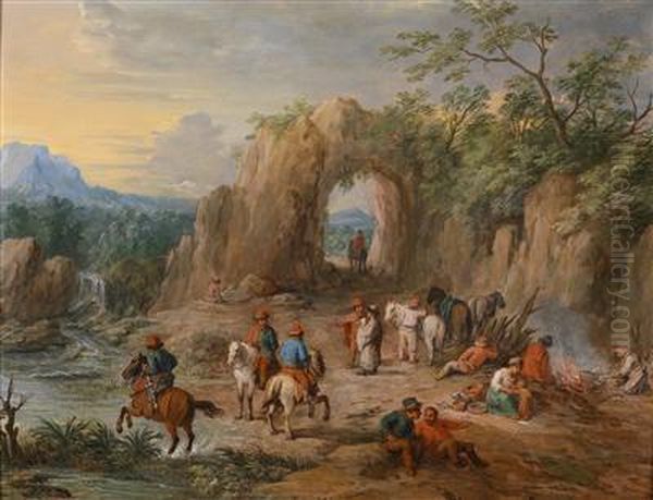 Travellers In A Rocky Landscape Oil Painting by Theobald Michau