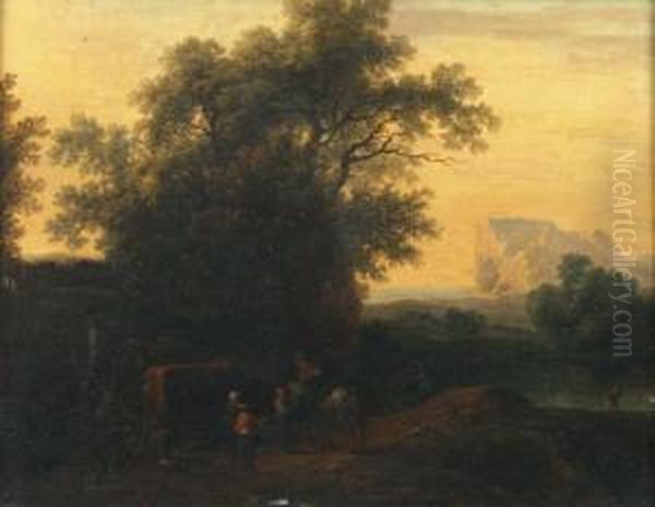 Cavalier Demandant Sa Route Dans Un Paysage De Foret Oil Painting by Theobald Michau