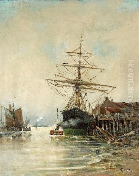 A Sailing Ship Docked At A Pier Oil Painting by Michel