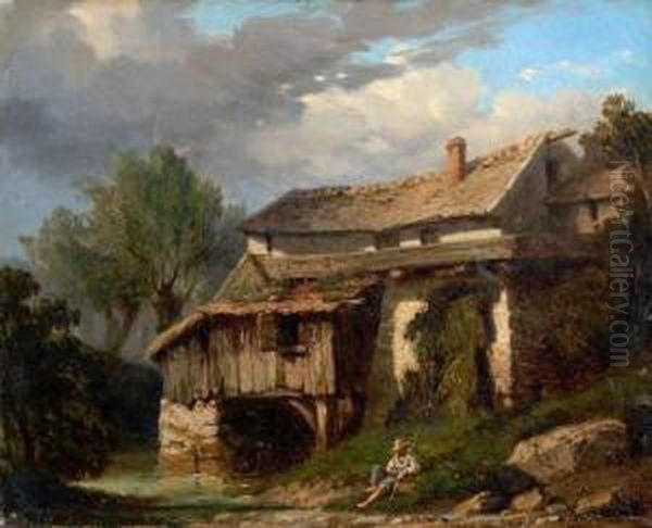 Le Repos Du Pecheur A L'ombre... Oil Painting by Emile Francois Michel