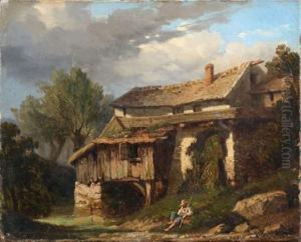 Le Repos Du Pecheur A L'ombre De Sa Chaumiere Oil Painting by Emile Francois Michel