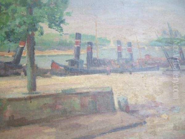 Steam Boats Moored On The Seine Oil Painting by T. Michel