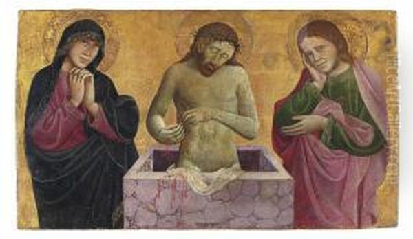 Christ As The Man Of Sorrows, Flanked By The Madonna And Saint John The Evangelist Oil Painting by Michele Di Matteo Da Bologna