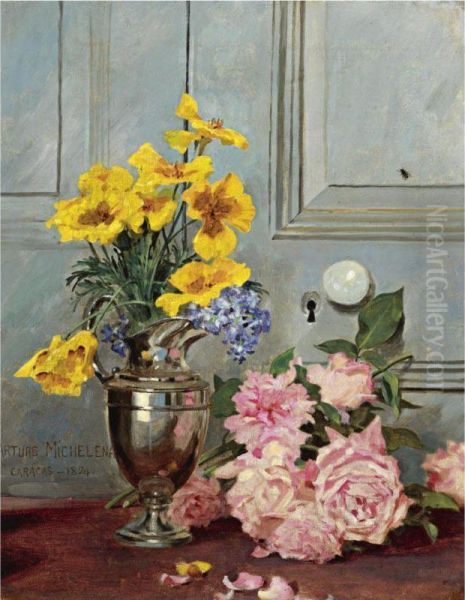 Still Life With Pink Roses Oil Painting by Arturo Michelena