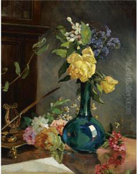 Still Life With Yellow Roses Oil Painting by Arturo Michelena