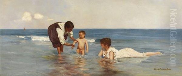 Annunziata Michetti Mit Sohn Giorgio Und Kindermadchen In Francavilla Al Mare Oil Painting by Francesco Paolo Michetti