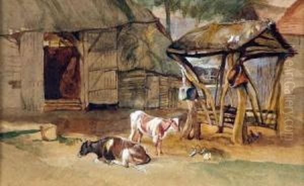 Farmyard With Two Calves Oil Painting by John Middleton