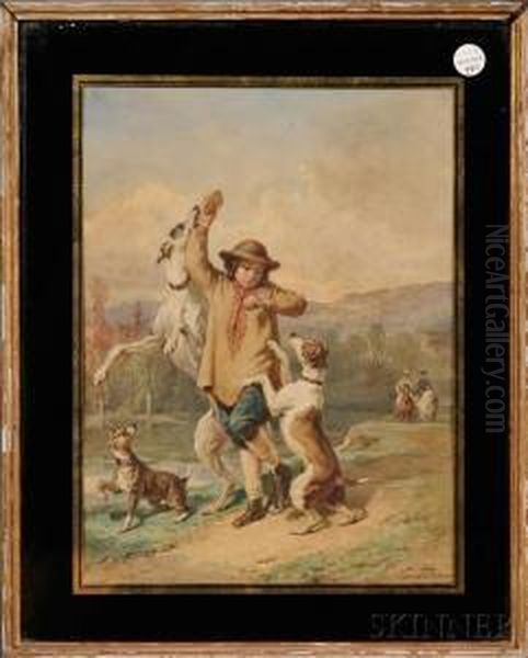 Boy With Leaping Hounds Oil Painting by Emmanuel Adolphe Midy