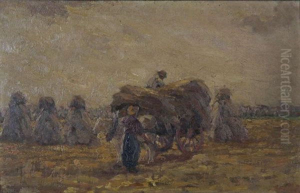 Boeren Op Het Veld Bij Hooiwagen Oil Painting by Ernest Midy