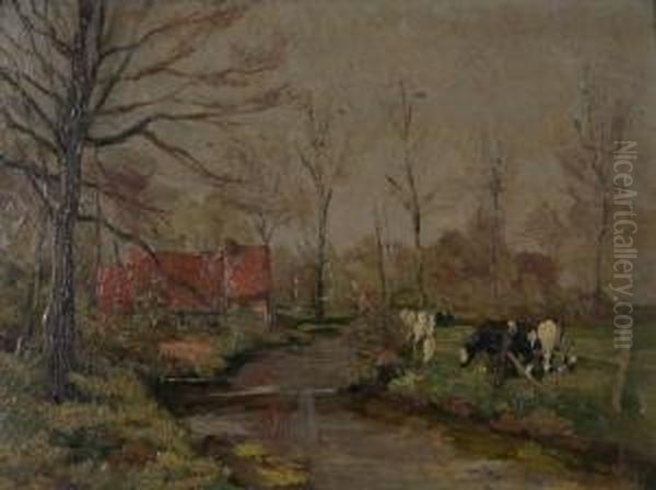 Koeien Aan De Rand Van De Beek Methoeve Oil Painting by Ernest Midy