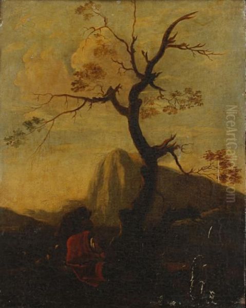 A Traveller Before An Italianate Landscape Oil Painting by Jan Miel