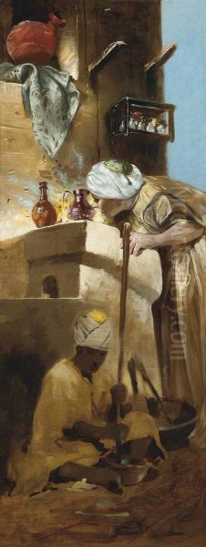 Grinding Ingredients In The Souk Oil Painting by Alphons Leopold Mielich