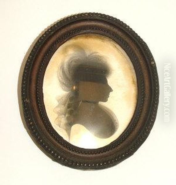 Depicting A Lady Bust Length In Profile, Wearing A Frilled Collar; Painted On Plaster, Bears Broken J Miers, Leeds, Trade Label Attached To The Reverse, Oval, 8.5x7cm Oil Painting by John Miers