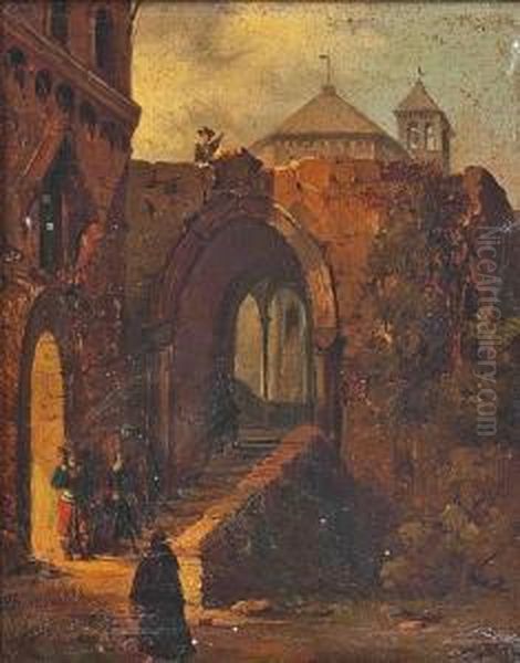 Cavaliers At The Gate Of A Medieval Town Oil Painting by Giovanni Migliara